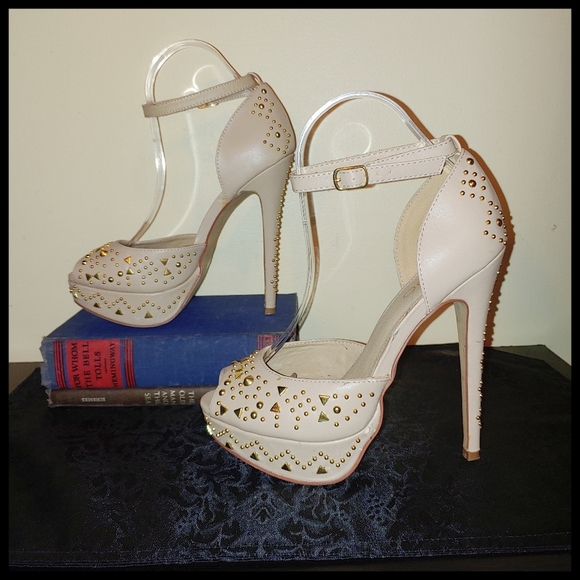 Aldo Cream & Gold Peep-toe Platforms w Ankle Strap - Picture 1 of 9
